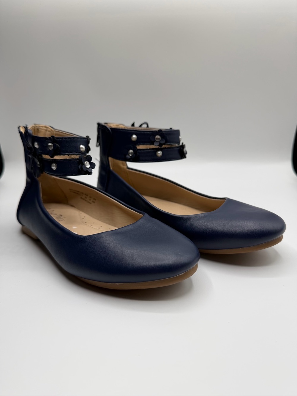 Dream Pairs Navy Girls Ankle-Strap Ballet Flats with Floral Studs